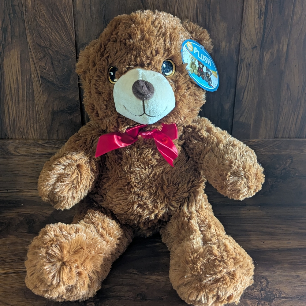 Plush Brown Teddy Bear with Red Bow